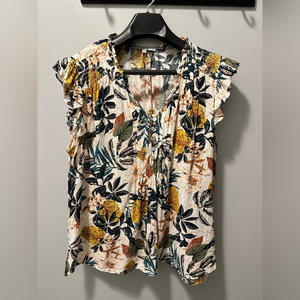 Daniel Rainn Floral Button V‑Neck Blouse in Cream, Yellow & Green